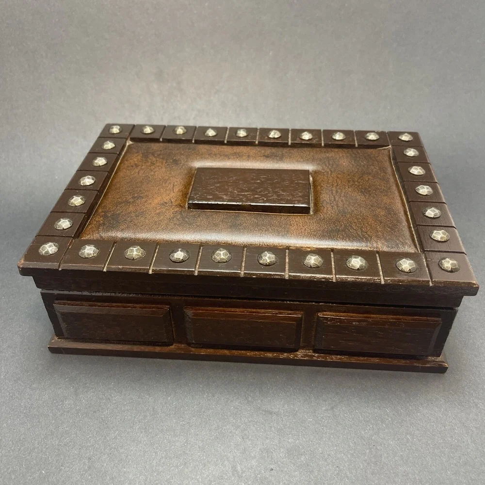 Vintage London Leather Wood & Leather Jewelry Box, Brass Studs Gold Velvet Lined